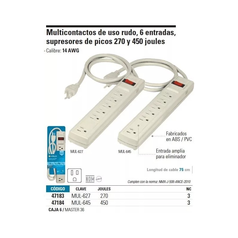 Volteck Multicontacto Uso Rudo 6 Entradas Volteck 47183 Color Blanco
