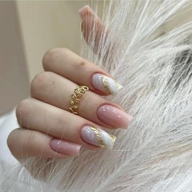 Press On Ballet Shaped Artificial Acrylic Nails - Pink French Tip, Gold Sequins Stripe Design, Full Cover Glossy Reusable Coffin Nails for Women