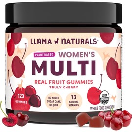 Llama Naturals Multivitamin for Women, Vegan, Organic Gummies with Vitamin D, C and K, Women's Real Fruit Gummy Vitamins, Chewable Multivitamin Supplement, No Added Sugar Cane, Cherry, 120 Ct