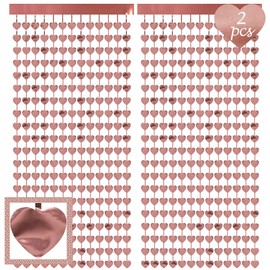 Rose Gold Heart Foil Curtain 2 Pcs - Metallic Fringe Tinsel - Bachelorette Party Decorations, Birthday Backdrop, Wedding Photo Booth, Engagement, Bridal Shower (Rose Gold)