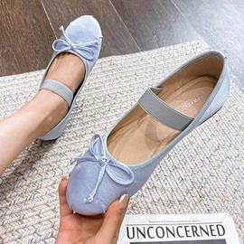 JOEupin Zapatos planos de ballet de punta redonda con correa elástica plana para mujer, cómodos zapatos planos sin cordones, Azul, 7 US