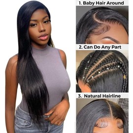 24Inch RXY 4x4 Straight Lace Front Wigs Human Hair Pre Plucked with Baby Hair 180 Density Lace Closure Human Hair Wigs for Black Women Natural Black Color