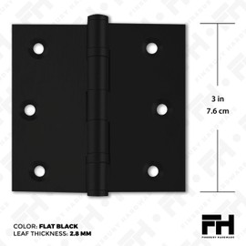 Finsbury Hardware Black Door Hinge Matte Black Ball Bearing 3x3 Inch Heavy Duty with Decorative Screw-on Tips Included - Set of 3 Solid Brass Matte Black Door Hinges (Flat Black)