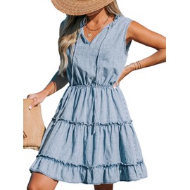 CUPSHE Women's Split V Neck Ruffled Sleeveless Denim Skirt Summer Mini Dress Light Blue, XS