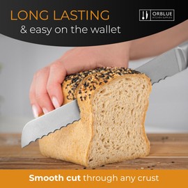 Orblue Serrated Bread Knife with Upgraded Stainless Steel Razor Sharp Wavy Edge Width - Bread Cutter Ideal for Slicing Homemade Bagels, Cake (8-Inch Blade with 5-Inch Handle)