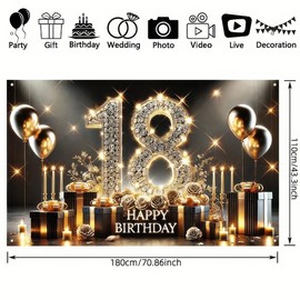 BlissYard Happy 18th Birthday Backdrop Banner 71x43 Inch Black and Gold Banner Balloons Milestone Photography Background Men Women Birthday Party Decoration for Indoor Outdoor Events Photo Booth Props
