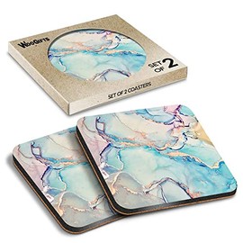 2 x Square Coasters - Marble Ink Effect Pink Blue Abstract Cork Backed MDF Glossy Tea Coffee Accessory #170144