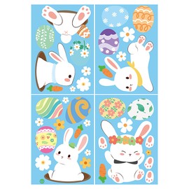 4 Sheets Cute Bunny Window Stickers,Easter Window Clings with Flower & Easter Egg Design,Spring Cartoon Rabbit Decal,Double-Sided Windows Clings for Holiday Home Office School Party Gifts Decor