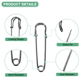 M METERXITY 60-Pack Large Safety Pins, 1.5" Spring Lock Pins Blanket Bulk Pins for Fashion/Clothes/Sewing/Quilting/Upholstery/Laundry/DIY Craft/Decorative, Big Safety Pins [Black]