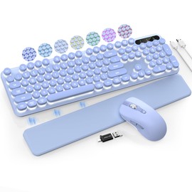 Wireless Keyboard and Mouse Backlit - Typewriter Keyboard with Retro Round Keycaps, Detachable Wrist Rest, Light Up Letters, 2.4G Rechargeable Combo for Mac, Windows, PC, Laptop, Trueque (Purple)