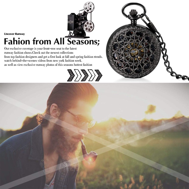 JewelryWe Mens Hollow Pocket Watch Mechanical Movement Classic Retro Roman