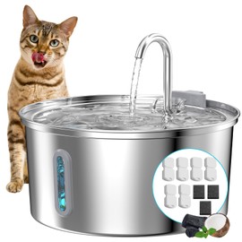 Cat Water Fountain Stainless Steel: 108oz/3.2L Cat Fountain for Drinking - Pet Water Fountain for Cats Inside - Automatic Cat Water Dispenser Bowl - Cat Feeding & Watering Supplies 6 Filters 3 Sponges