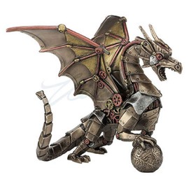Unicorn Studio Steampunk Mechanical Gear Dragon Sitting Holding Sphere Statue Sculpture Bronze