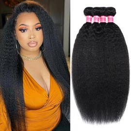 Releek Kinky Straight Bundles Human Hair Yaki Straight 16 18 20 22 Inch 4 Bundles 12A 100% Unprocessed Brazilian Human Hair Quick Weave Kinkystraight Bundles Natural Black Hair Extensions