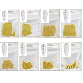 CYBERNOVA 8Packs 3D Nail Art Steel Balls Mini Beads Gold Silver Nail Charm 0.6mm-3.0mm Metal Steel Beads for Women DIY Nail Art Accessories with Tweezers (Gold)