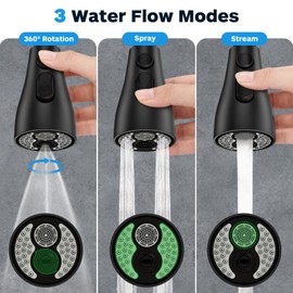 Kitchen Faucet Head Replacement, Kitchen Sink Faucet Head G 1/2, Kitchen Sink Sprayer Replacement 3 Modes with 12 Different Adapters, Compatible with Moen, Delta, Kohler Faucets, Black