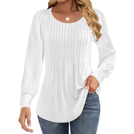 Cuptacc Long Sleeve Tops Women Pleated Crew Neck Ladies Tops Puff Sleeve with Button Oversized Tunic Length T Shirts Blouse Women White S UK 10