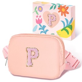COSHAYSOO Valentines Birthday Initial Gifts for Teen Girls 5 6 7 8 9 10 11 12 13 14 Year Old Pink Fanny Pack for Girls Belt Bag Crossbody Travel Purse Unique Trendy Girly Stuff Chenille Letter P