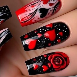 24Pcs Valentine's Press on Nails Medium Square Nails Romantic Rose Fake Nails Valentines Heart Acrylic Nails Red Black Hearts False Nails Reusable Valentines Stick on Nails for Women Girls