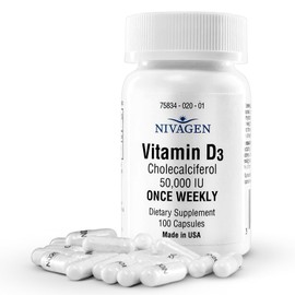 Nivagen Vitamin D3 50,000 IU (1250 mcg) | Once Weekly Dose | 100 Capsules (100 Weeks, Approx. 2 Years Supply) | Easy to Swallow | Bone, Muscle & Immune Support | Non-GMO, Gluten Free | Made in USA