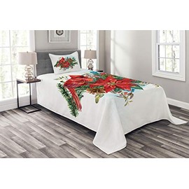 Lunarable Cardinal Bedspread, Christmas Themed Bird on Floral Bouquet Poinsettia Pinecones and Berries, Decorative Quilted 2 Piece Coverlet Set with Pillow Sham, Twin Size, Ruby