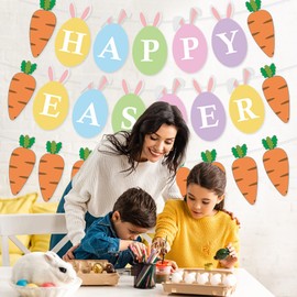 EchoDone Happy Easter Bunny Banner, Colorful Cute Rabbit Bunny Carrot Garland, Decorations for Home Garden Spring Celebration