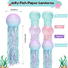 Jellyfish Paper Lanterns 6Pack,8 Inch Mermaid Birthday Decorations Pink Lavender Blue Mermaid Scales with String and Hooks,Hanging Jellyfish Decor for Mermaid,Under The Sea,Ocean Themed Party(8Inch）
