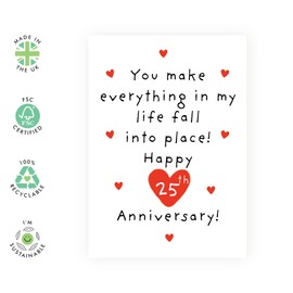 25 Years Anniversary Card Hearts - 'Fall Into Place 25th Anni' - Gifts for Wife, Husband, Spouse, Partner, Other Half, Babe - Red & Romantic - Comes with Fun Stickers