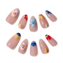 Allvounail Press on Nails Almond 100% Handmade Floral Acrylic False Nails with Design Glossy Colorful Hand-painted for Women Reusable 10 Pcs(Floral, S)