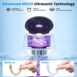 YFQ 45kHz Ultrasonic Retainer Cleaner, 200ML Dental Cleaning Pod for Dentures, Mouth Guards, Braces, Aligner, Toothbrush Jewelry and More, UV Denture Cleaner with 4 Modes & Digital Timer