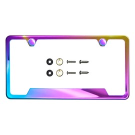 Bottom Cut OutLicense Plate Frame Neo Chrome Aurora Electroplating Burnt Titanium Mirror Chrome Universal Fit Anti Rust Metal Screw On Cap Cover, T304 Stainless Steel, Rust Proof (Qty: 1 Frame)