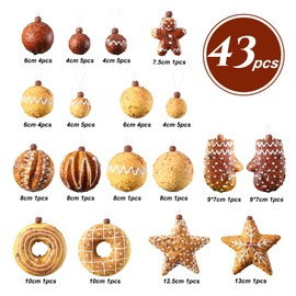 43PCS Baking Ornaments Decorations for Christmas, Christmas Tree Gingerbread Hanging Ornaments Set Shatterproof Artificial Assorted Christmas Tree Hanging Ball for Indoor Home Holiday Party Xmas Decor