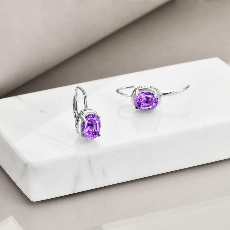 CRMAD February Birthstone Earrings for Women Sterling Silver Amethyst Leverback