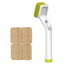 Soap Dispensing Dish Brush with Handle, EHOMGUI Brush Scrubber for Cleaning Dishes, Kitchen and Household, Non-Scratch Kitchen Brush with 4 Natural Fiber Replacement Heads for Pot Pan Sink-Green/White