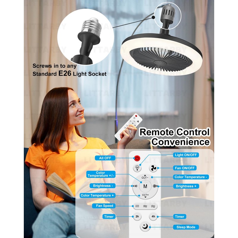 Socket Fan Light with Remote Control, 3 Colors 3000K-6500K Dimmable