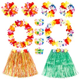 Feradny 14 Pieces Girl's Hawaiian Hula Grass Skirt with Flowers Costume Set Flower Bracelet Hair Clip Kids Hawaiian Outfit for Luau Tropical Beach Party