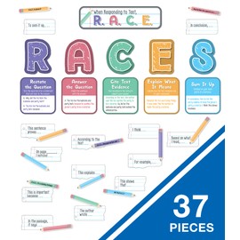 Carson Dellosa R.A.C.E. Writing Strategy Bulletin Board Set—Alphabet Letters and Sentence Starters, Informational Charts, Pencils with Motivational Quotes, Homeschool or Classroom Décor (37 pc)