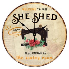 Wood Wall Clock Non-Ticking Quartz Battery Operated Sewing Machine Welcome to My She Shed Vintage Wall Clocks Quilting Lady Grandma Quilters Wall Decor for Entryway Kids Room Daycare 10 Inch