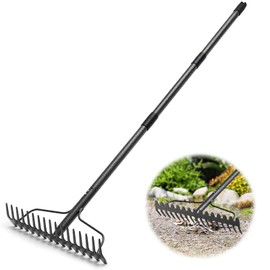 Garden Rake, 5FT Bow Rake Heavy Duty Leveling Rake with Adjustable Handle, 17 Tines Wide Head Metal Thatch Rake for Gardening Leaves Lawn Yard Mulch Rake