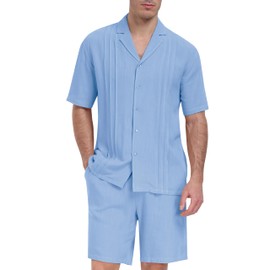 MoFiz Men's Linen Sets 2 Pieces Summer Vacation Party Beach Outfits Short Sleeve Button Down Shirts and Pants Set Light Blue Large