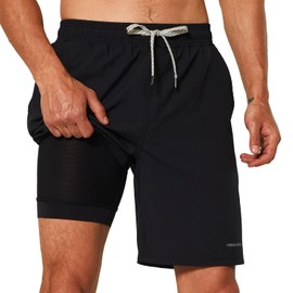 HODOSPORTS Mens Swim Trunks with Compression Liner 9 Inch Quick Dry Swim Shorts with Pockets Swim Suit Black