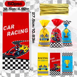 FUNCANDLE 50pcs Race Car Pattern Cellophane Cone Treat Bags with 50 Pcs Silver Twist Ties,Goodie Sack Food Storage for Heat Sealable Candy Gift Bags for Race Car Theme Event Party Supplies Favors