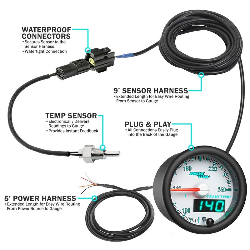 MaxTow Match 260 F Transmission Temperature Gauge Kit for Dodge