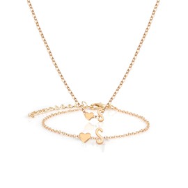 Gold Initial Necklace and Bracelet Set for Women - Jewelry Sets for Valentine's Day, Galentine's Day Gifts for Her, Mom, Daughter - Letter Necklace S