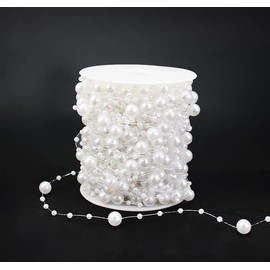 PIQIUQIU Pearl Garland White 30 m Pearl Ribbon Pearl Necklace Decoration with Stainless Steel Scissors for Wedding and Party Decoration Birthday Christening Table Decoration DIY Crafts