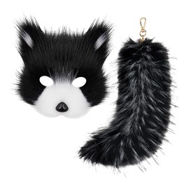 rockible Therian Mask and Tail Furry Tail Keychain Wolf Mask Role Playing Furry Mask, Black White