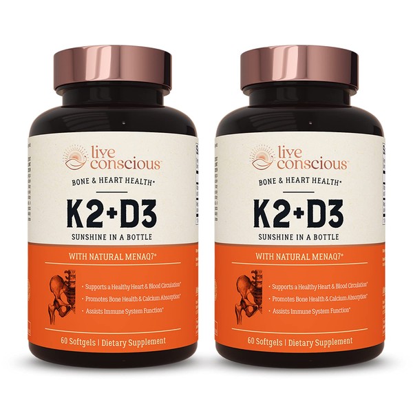 Live Conscious Vitamin K2 MK7 with D3 Supplement by LiveWell | Bone & Heart Health Support - Patented Vitamin K & Vitamin D3 5000 IU - 120 Softgels (2-Pack)