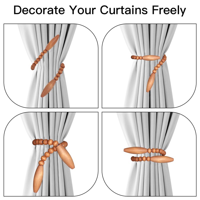 Wood Bead Curtain Tiebacks 2 Pack, Boho Curtain Holdbacks, Coffee