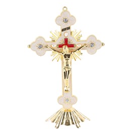 Metal Standing Cross Red Rhinestone Decoration Exquisite Retro Elegance Standing Crucifix with Base for Christian Homes