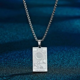QIAMNI Stainless Steel Tarot Necklace Moon Star Sun Pendant Astrology Divination Magic Amulet Necklace Women Men Jewellery (Silver - Moon)